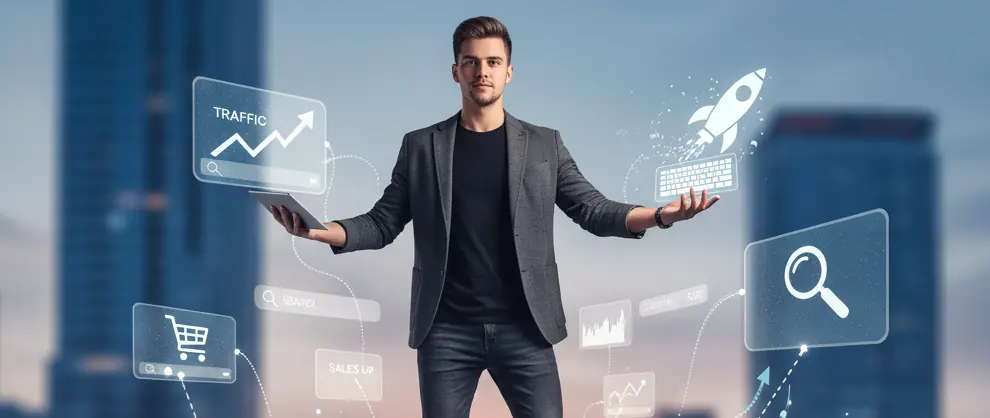 Performance Marketing Optimierung - Eine Mann der Web-Symbole ums sich herum navigiert