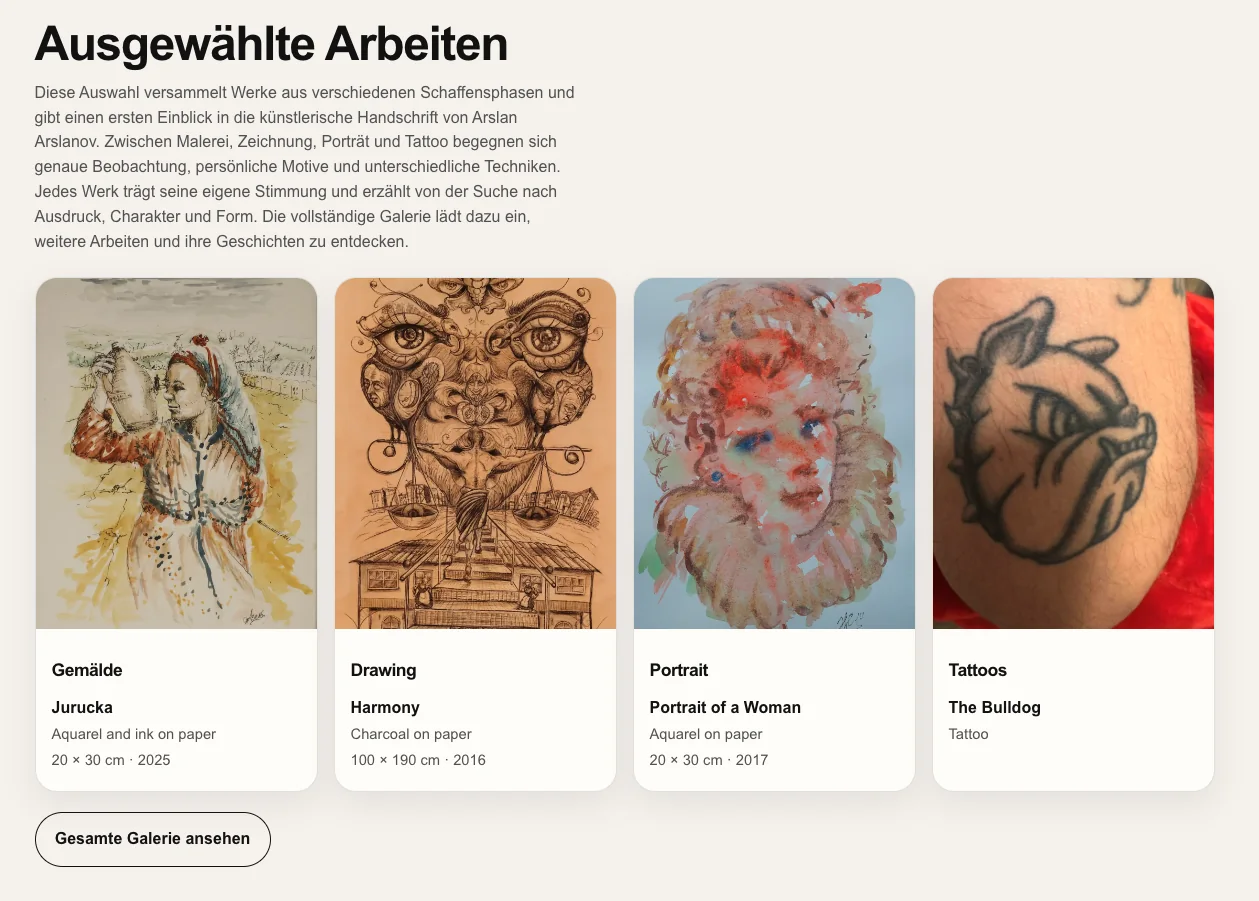 Bereich Ausgewählte Arbeiten auf der ASE-Art-Startseite mit vier Kunstwerken und Link zur Galerie